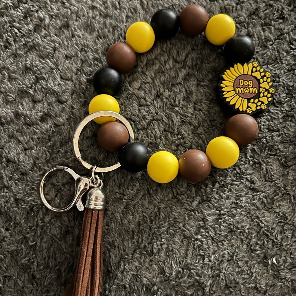 Hand Crafted Yellow Black Brown Beaded Dog Mom Wristlet Key Holder